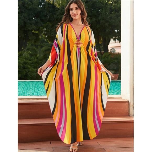 Kaftan Dresses for Women Plus Size Batwing Sleeve Caftans Long Bathing Suit - Picture 3 of 8